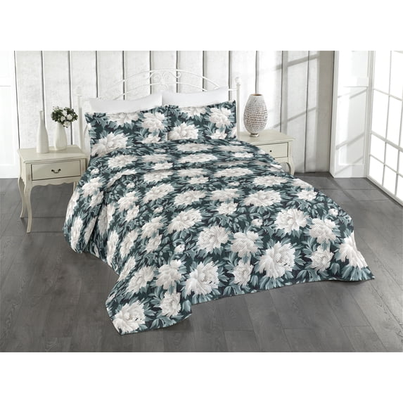 Ambesonne Chrysanthemum Quilted Bedspread Set 3 Pcs, Delicate Floral Print, Queen, Cadet Blue Ivory