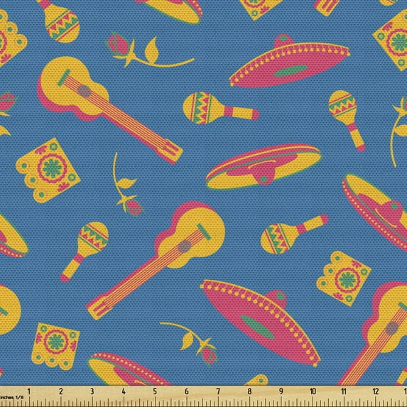 Ambesonne Cinco de Mayo Fabric by the Yard Upholstery, Mexican Theme, 5 Yards, Hot Pink Yellow and Blue