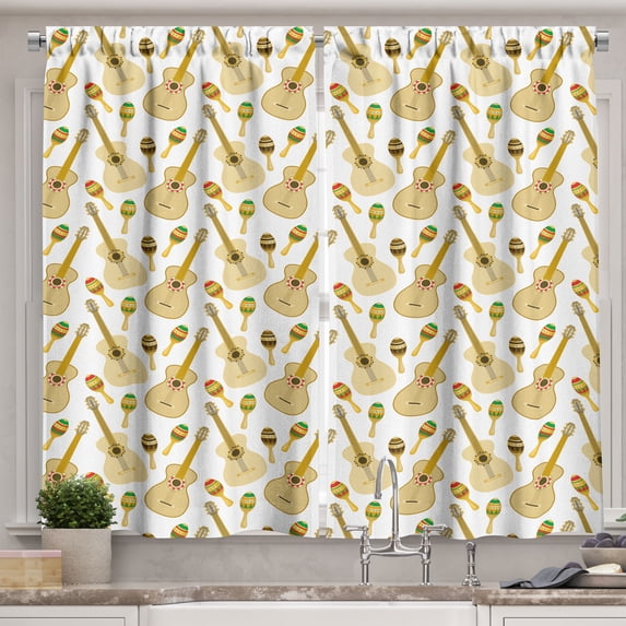 Ambesonne Cinco de Mayo Kitchen Curtains, Mexican Music Guitar, 55"x45", Ecru Multicolor