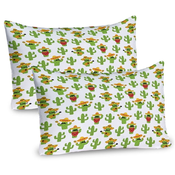 Ambesonne Cinco de Mayo Pillow Sham 2 Pack, Cactus Characters Fun, 30"x20", Lime Green White Mustard