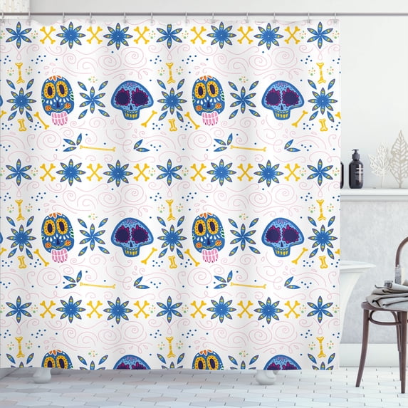 Ambesonne Cinco de Mayo Shower Curtain, Skulls Bones Flora, 69"Wx84"L, Azure Blue Multicolor