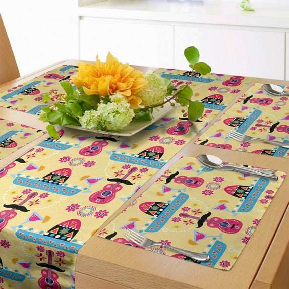 Ambesonne Cinco de Mayo Table Runner & Placemats, Funny Face, Placemat 4 pcs + Runner 14"x90", Pastel Yellow Multicolor
