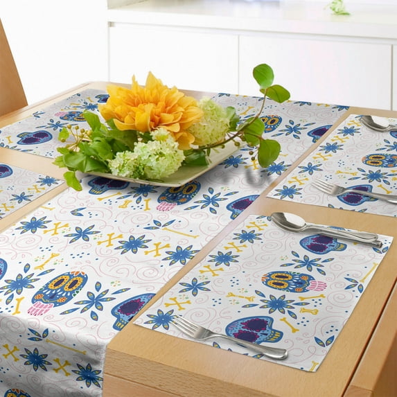 Ambesonne Cinco de Mayo Table Runner & Placemats, Skulls Bones Flora, Placemat 4 pcs + Runner 16"x90", Azure Blue Multicolor