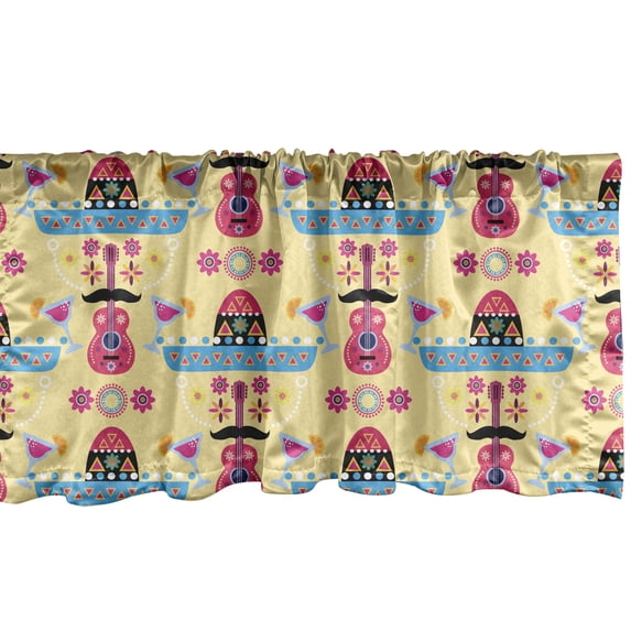 Ambesonne Cinco de Mayo Window Valance, Funny Face, 54" X 18", Pastel Yellow Multicolor