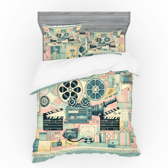 Ambesonne Cinema Lover Bedding Set 4 Pcs, Movie Themed Modern, Queen, Almond Green Blush Peach