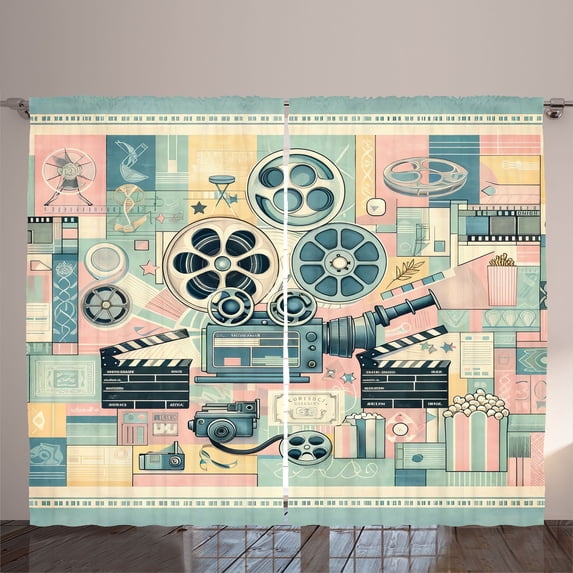 Ambesonne Cinema Lover Curtains 2 Panel Set, Movie Themed Modern, 108" x 108", Almond Green Blush Peach