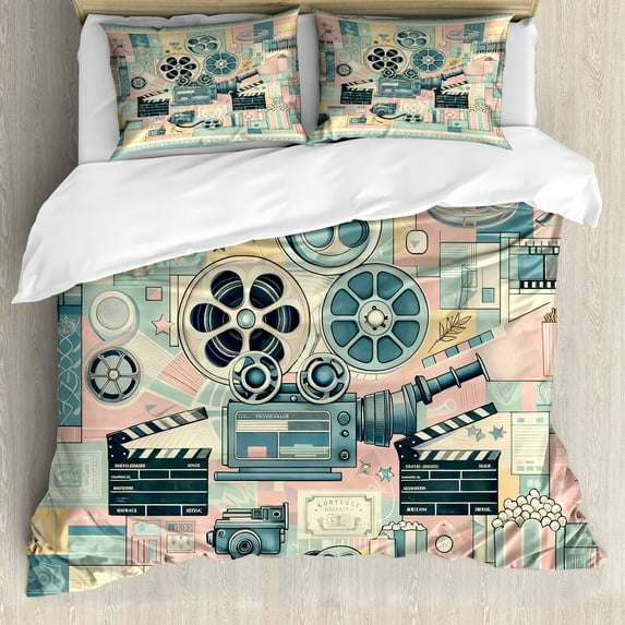 Ambesonne Cinema Lover Duvet Cover Set, Movie Themed Modern, King, Almond Green Blush Peach