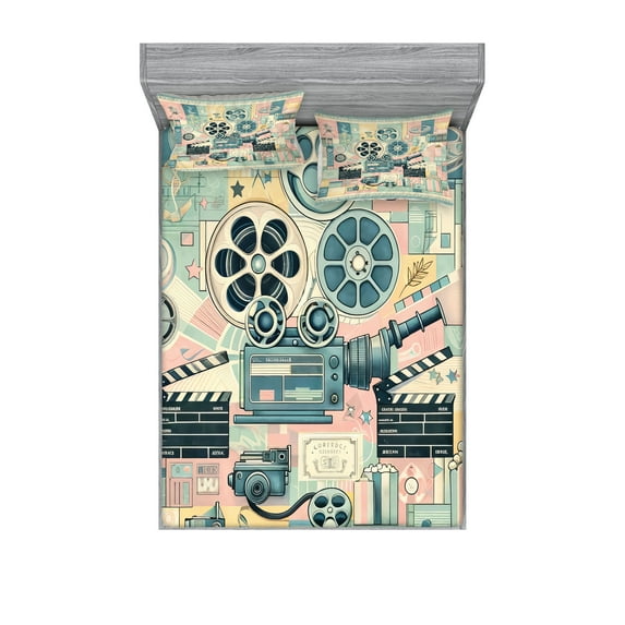 Ambesonne Cinema Lover Fitted Sheet & Pillow Sham Set, Movie Themed Modern, Calking, Almond Green Blush Peach