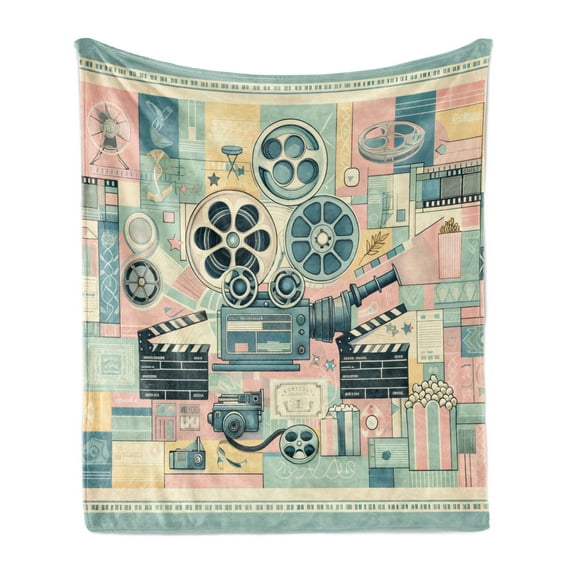 Ambesonne Cinema Lover Fleece Throw Blanket Movie Themed Modern 70"x90" Almond Green Blush Peach