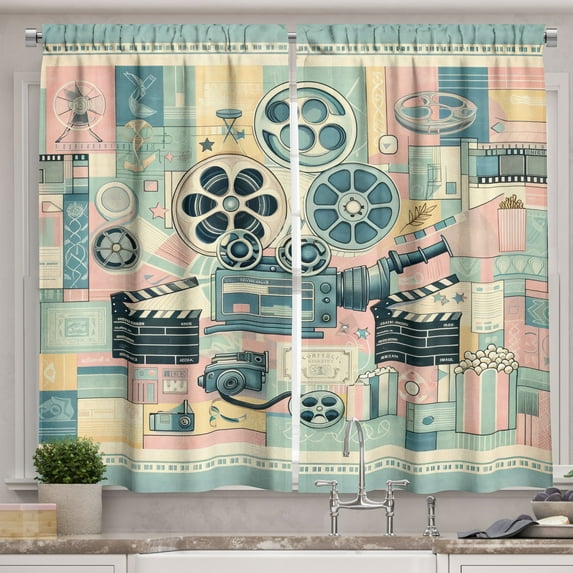 Ambesonne Cinema Lover Kitchen Curtains, Movie Themed Modern, 55"x24", Almond Green Blush Peach