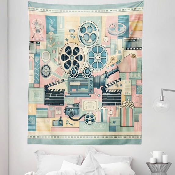 Ambesonne Cinema Lover Tapestry Twin Size, Movie Themed Modern, 68"x88", Almond Green Blush Peach