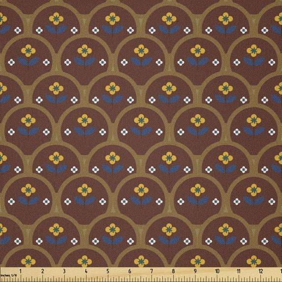 Ambesonne Cinnamon Color Fabric by the Yard Microfiber, Yellow Flowers Retro, 2 Yards, Redbrown Caramel