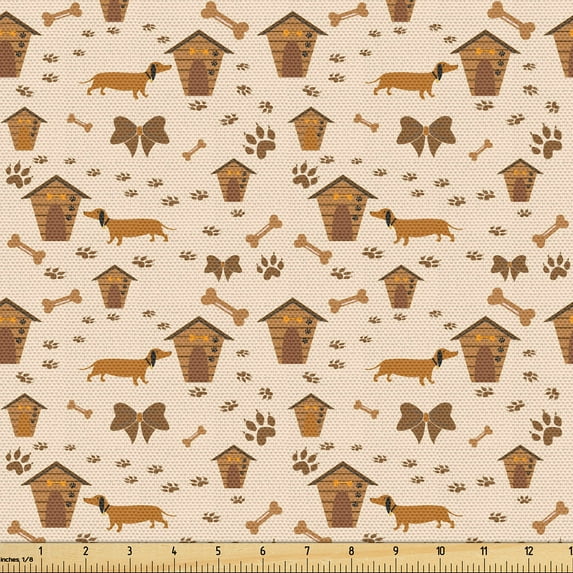 Ambesonne Cinnamon Color Fabric by the Yard Upholstery, Dog Bows Paws Bones, 5 Yards, Champagne Caramel Ginger