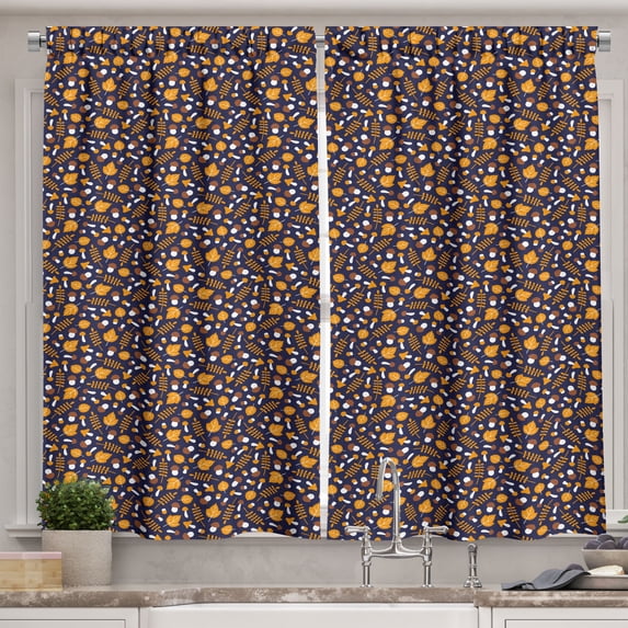 Ambesonne Cinnamon Color Kitchen Curtains, Autumn Cartoon Leaf, 55"x24", Indigo Marigold and Caramel