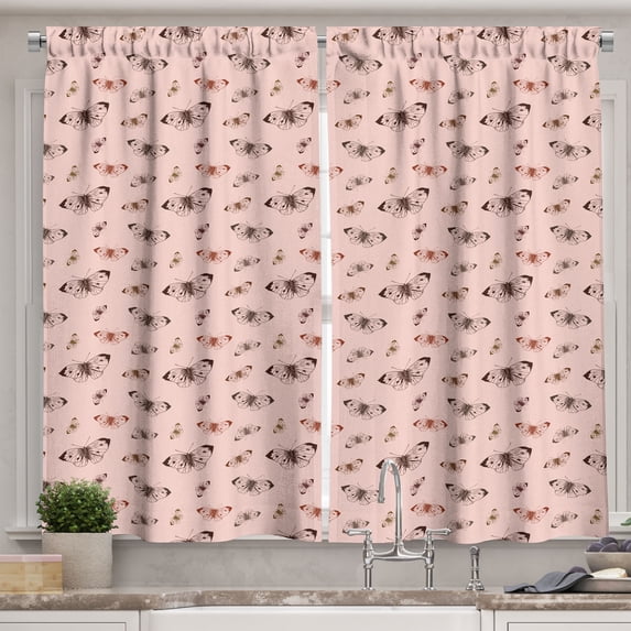 Ambesonne Cinnamon Color Kitchen Curtains, Butterflies on Soft, 55"x30", Rose and Chestnut Brown