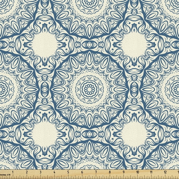 Ambesonne Circle Pattern Fabric by the Yard Upholstery, Wavy Strokes Ethnic, 2 Yards, Petrol Blue Cream