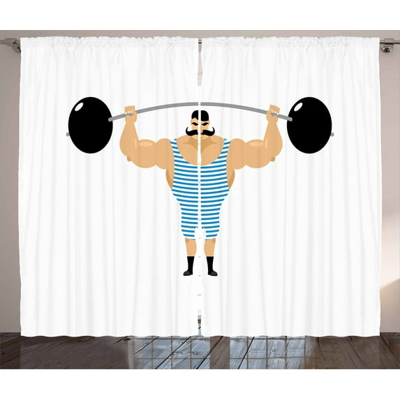 Ambesonne Circus Curtains 2 Panel Set, Bodybuilder Weightlift, 108" x 96", Multicolor