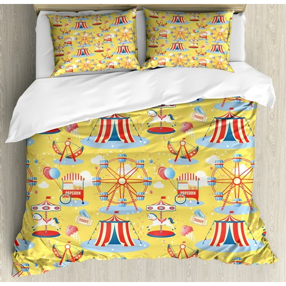 Ambesonne Circus Duvet Cover Sets, Amusement Park Pattern Tent, 2-King, Mustard Vermilion