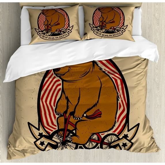 Ambesonne Circus Duvet Cover Sets, Circus Bear on Bicycle Art, 2-King, Tan Caramel and Ruby