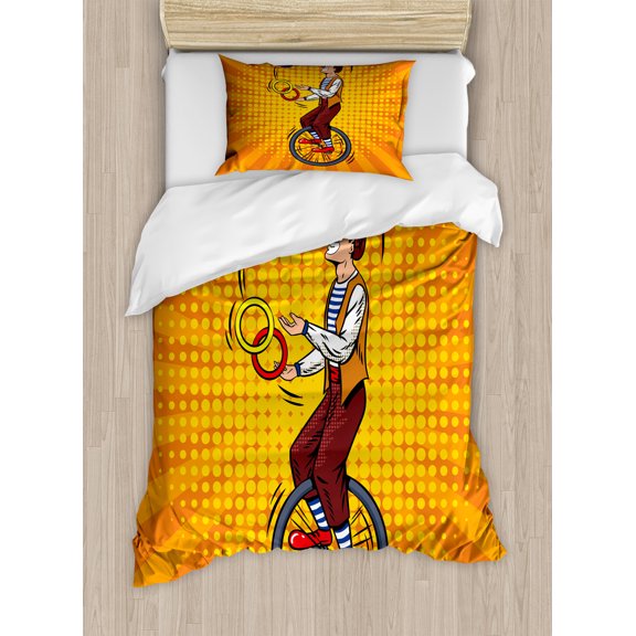Ambesonne Circus Duvet Cover Sets, Disc Juggler Man on Unicycle, 2-Twin, Orange and Multicolor