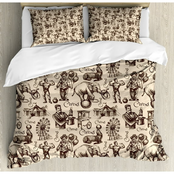 Ambesonne Circus Duvet Cover Sets, Sketch Fun Clown Magician, 2-King, Beige Dark Brown