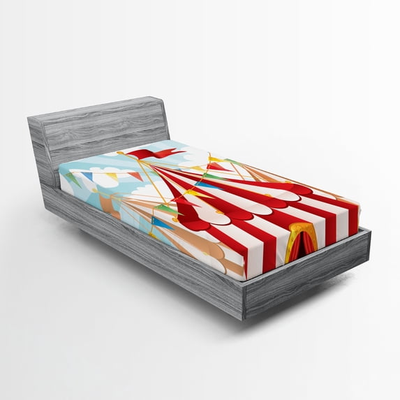 Ambesonne Circus Fitted Sheet, Circus Cloudy Sun Sky, Twin Size, Blue White Red