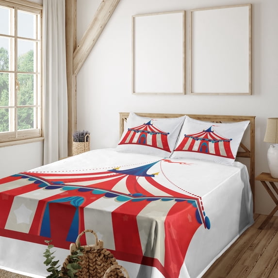 Ambesonne Circus Fitted & Top Sheet Set with Shams, Stars Striped Circus Art, Vermilion Blue