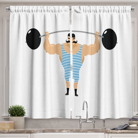 Ambesonne Circus Kitchen Curtains, Bodybuilder Weightlift, 55"x39", Multicolor