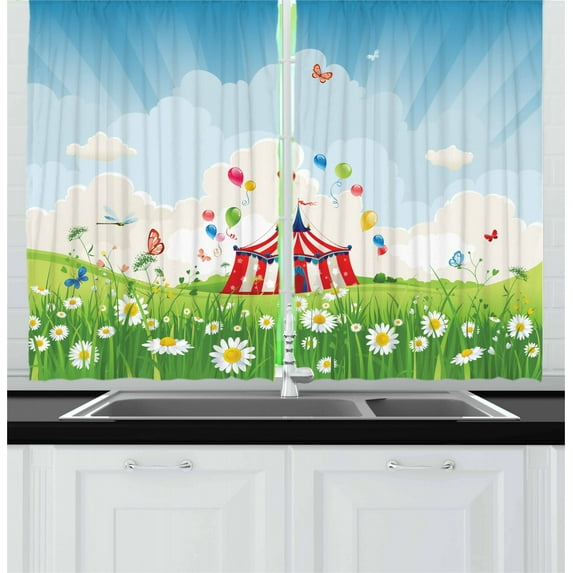 Ambesonne Circus Kitchen Curtains, Sunny Sky Grass Tent, 55"x39", Multicolor