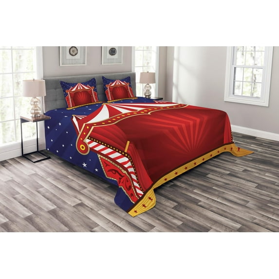 Ambesonne Circus Quilted Bedspread Set 3 Pcs, Canvas Circus Tent Art, Queen Size, Blue Vermilion