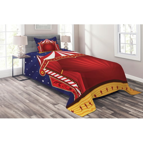 Ambesonne Circus Quilted Coverlet 2 Pcs, Canvas Circus Tent Art, Twin Size, Blue Vermilion