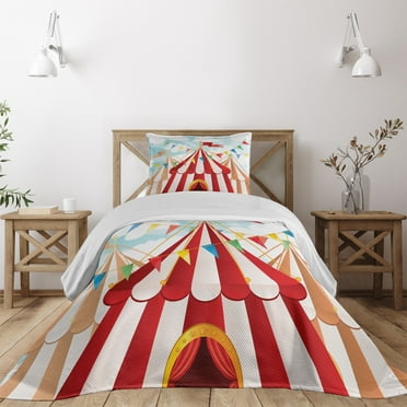 Ambesonne Circus Quilted Coverlet 2 Pcs, Circus Cloudy Sun Sky, Twin Size, Blue White Red