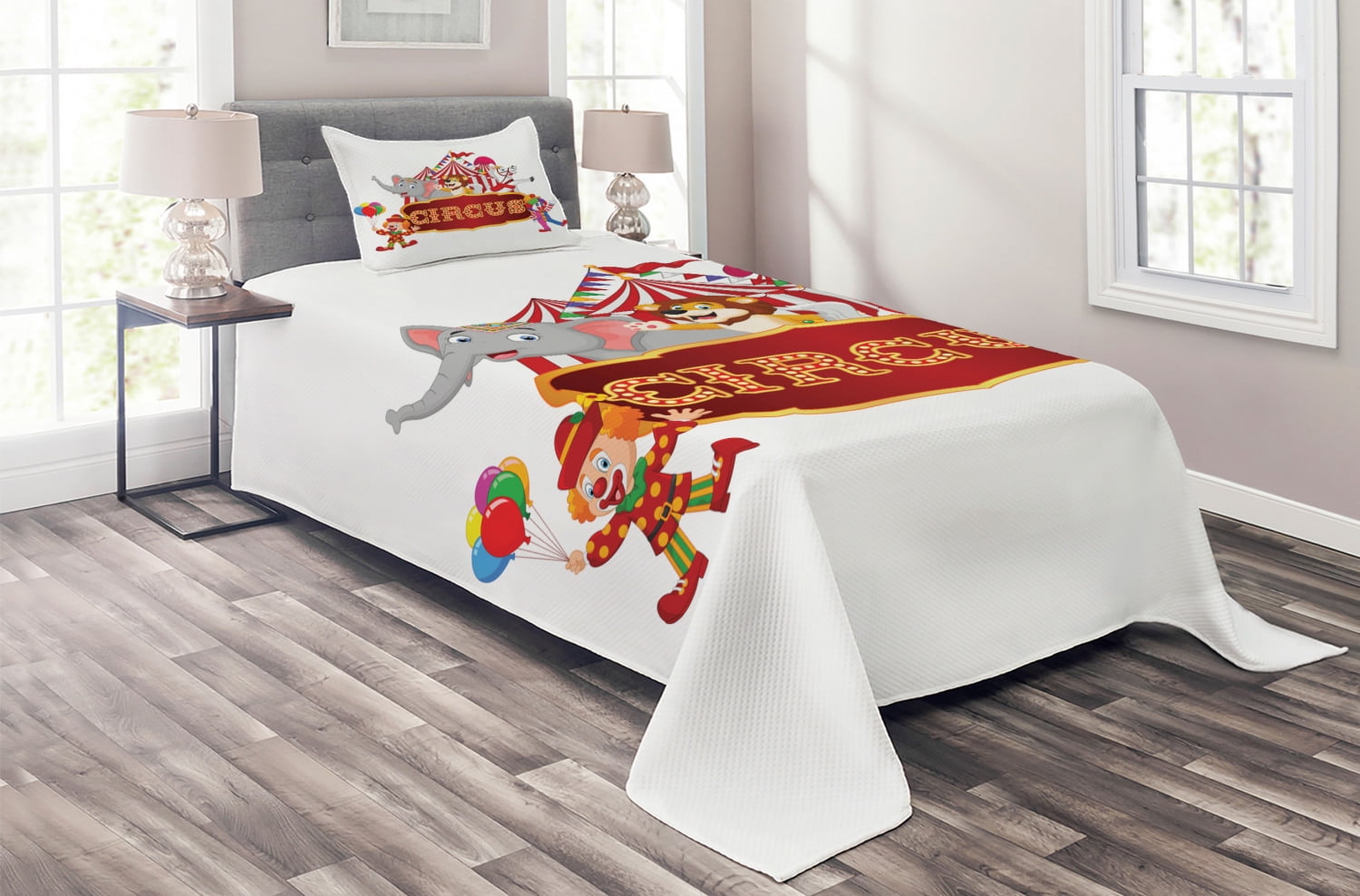 Twin White Quilted Circus Bedspread Set with Pillow Sham