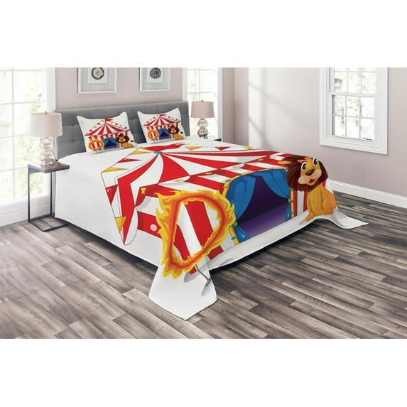 Ambesonne Circus Quilted Coverlet 3 Pcs, Lion and Ring Illustration, Queen Size, Multicolor