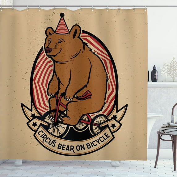 Ambesonne Circus Shower Curtain, Circus Bear on Bicycle Art, 69"Wx84"L, Tan Caramel and Ruby