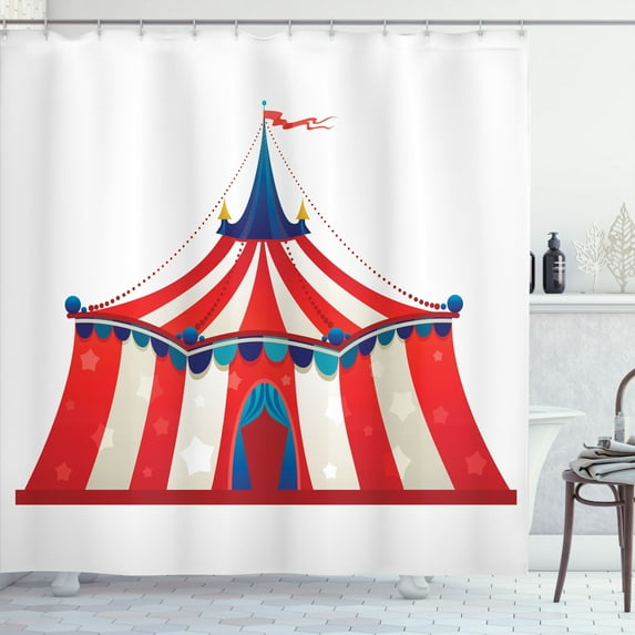 Ambesonne Circus Shower Curtain, Stars Striped Circus Art, 69"Wx84"L, Vermilion Blue