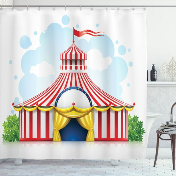 Ambesonne Circus Shower Curtain, Striped Tent with Flag, 69"Wx75"L, Multicolor