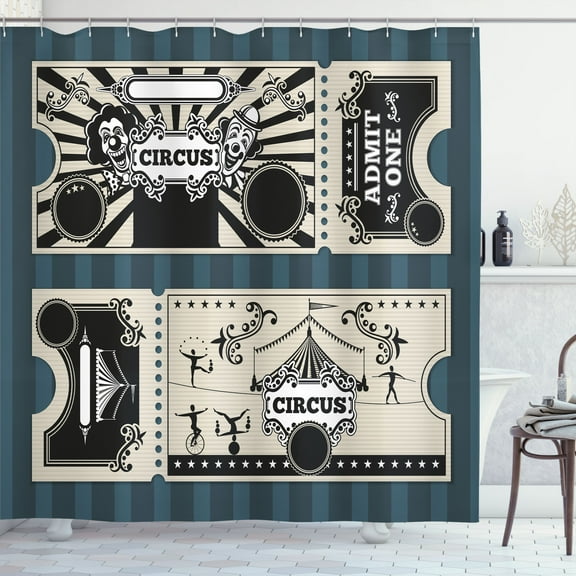 Ambesonne Circus Shower Curtain, Ticket Designs Admit One, 69"Wx70"L, Petrol Blue and Eggshell