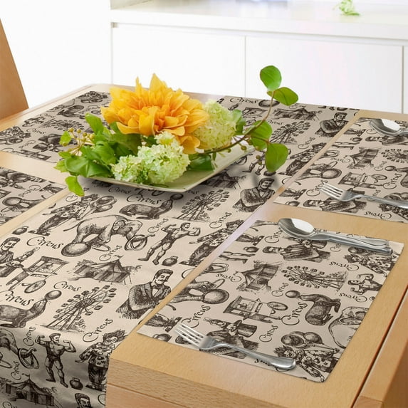 Ambesonne Circus Table Runner & Placemats, Sketch Fun Clown Magician, Placemat 4 pcs + Runner 12"x90", Beige Dark Brown