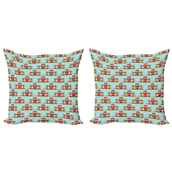 Ambesonne Circus Throw Pillow Cover 2 Pack, Cartoon Tent and Trees Fun, 20", Pale Blue and Multicolor