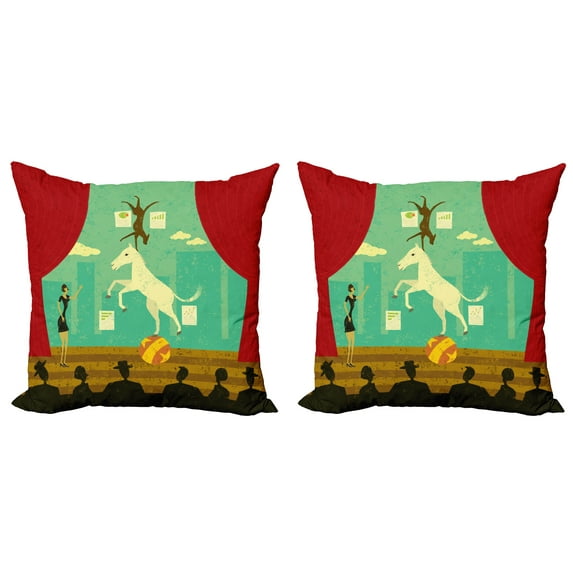Ambesonne Circus Throw Pillow Cover 2 Pack, Horse Hound Show Stage, 18", Multicolor