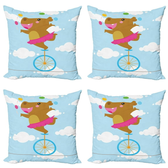 Ambesonne Circus Throw Pillow Cover 4 Pack, Balerina Juggler Hippo, 18", Multicolor