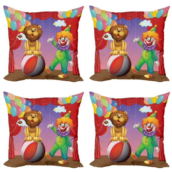 Ambesonne Circus Throw Pillow Cover 4 Pack, Lion Clown Performance, 24", Multicolor