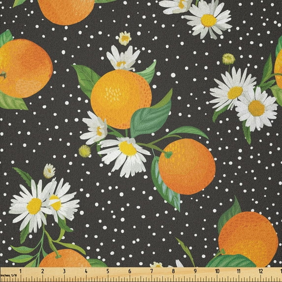 Ambesonne Citrus Fabric by the Yard Microfiber, Chamomile Flowers Oranges, 1 Yard, Earth Yellow and Laurel Green