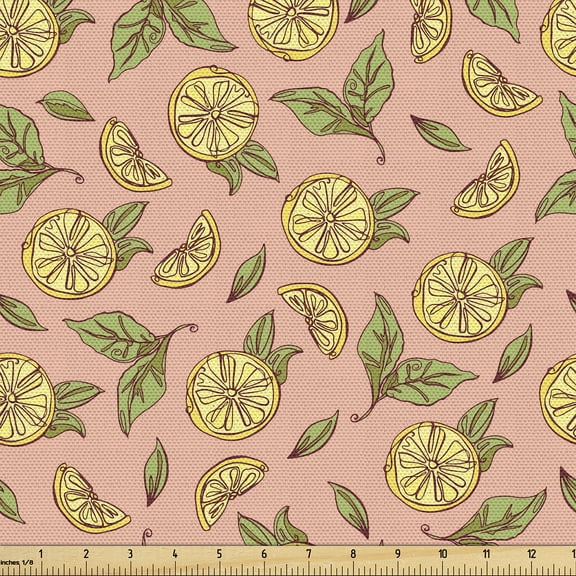 Ambesonne Citrus Fabric by the Yard Upholstery, Hand-Drawn Lemons Retro Art, 1 Yard, Apple Green and Mustard