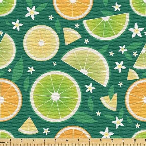 Ambesonne Citrus Fabric by the Yard Upholstery, Lemon Lime Slices Flowers, 2 Yards, Pale Orange and Jade Green