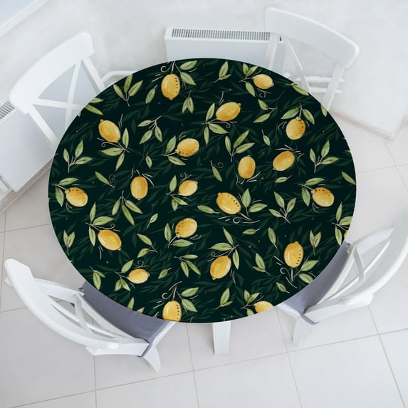 Ambesonne Citrus Fitted Round Tablecloth, Lemon Pattern Tropical Art, 45"- 56" Diameter, Mustard Hunter Green