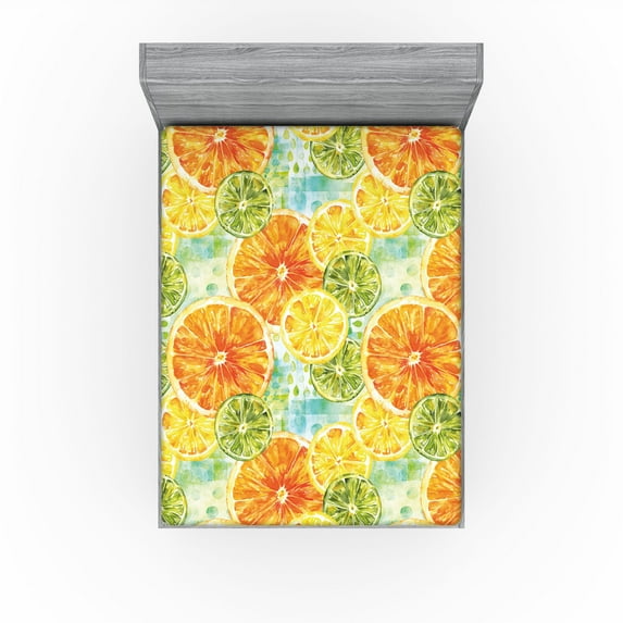 Ambesonne Citrus Fitted Sheet, Summer Slices of Lime Print, California King, Yellow Marigold and Green