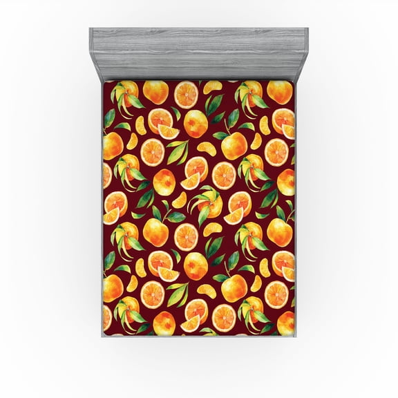 Ambesonne Citrus Fitted Sheet, Vintage Mandarin Pattern, Full Size, Marigold Forest Green