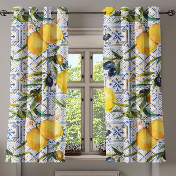 Ambesonne Citrus Grommet Curtain, Exotic Olive Garden Print, 50"x60", Mustard Dark Indigo White